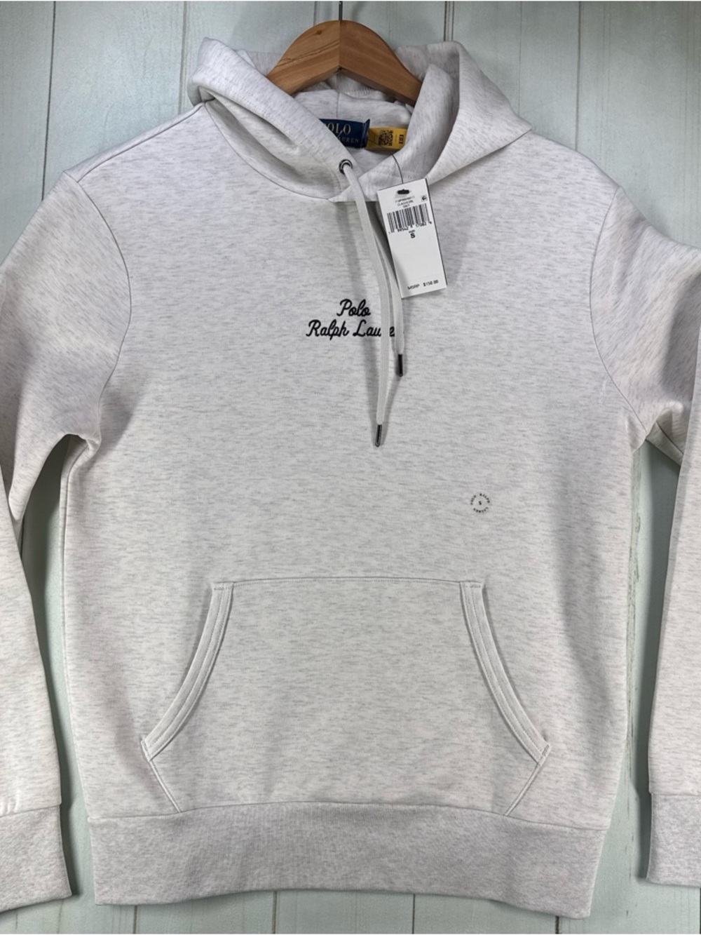 Polo Ralph Lauren Hoodie Mens Small Off White Gray Script Logo Pullover NWT $150